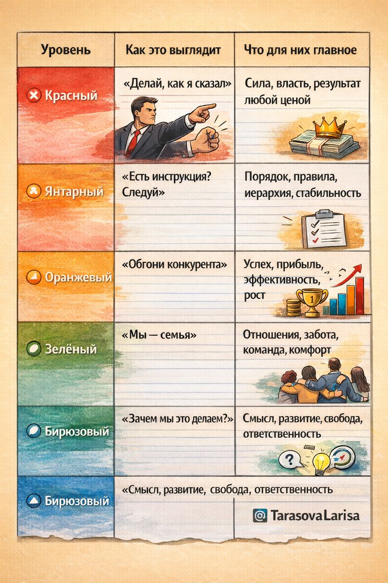 Где ты?
Если для тебя главное — смысл и свобода (Бирюзовый), а компания живёт по инструкциям (Янтарный) — ты будешь задыхаться.
Если для тебя главное — порядок и стабильность (Янтарный), а компания требует риска и гонки (Оранжевый) — ты будешь в тревоге.