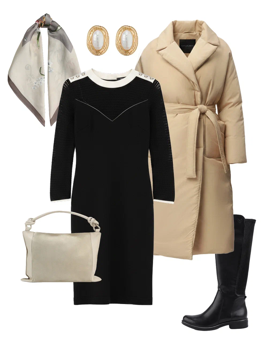 Вариант образа с вызаным платьем и пальто.