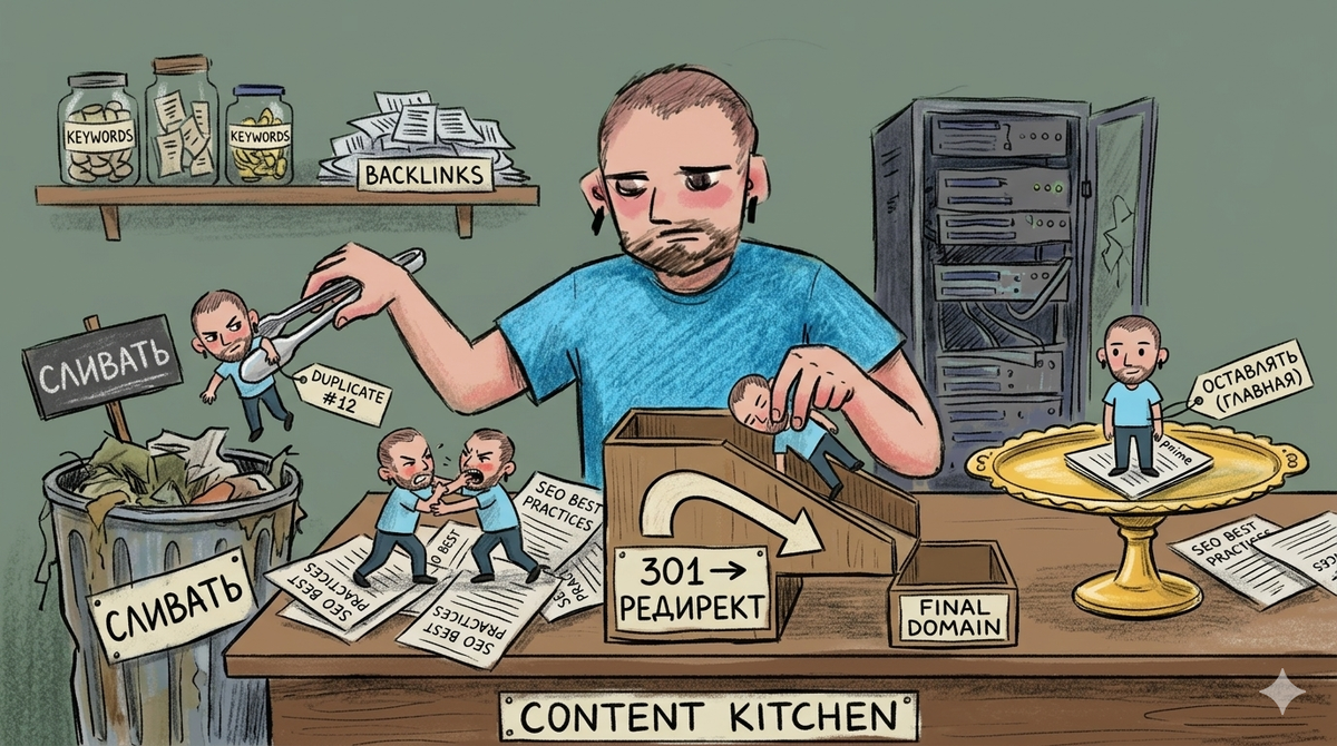 Дубликаты и каннибализация страниц в SEO: как быстро найти и решить, что сливать, редиректить или оставлять 