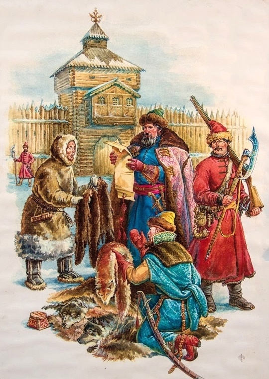 Сбор ясака в сибирском остроге. XVII век. 

Художник: Олег Федоров.
