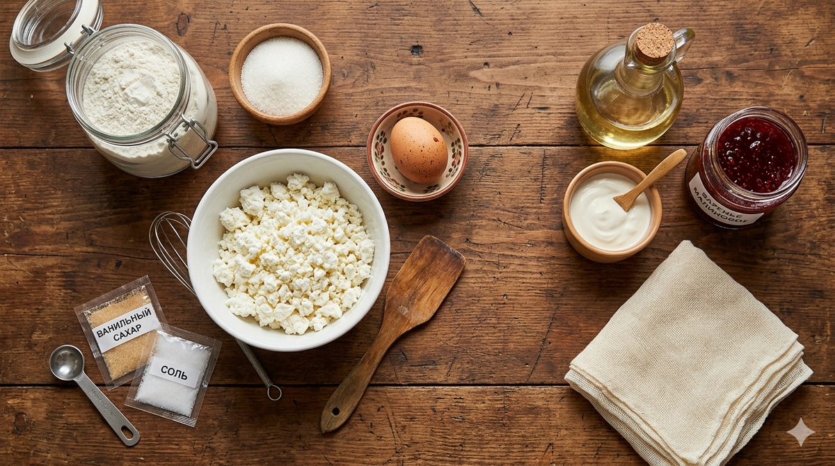 Творог 9% — 500 г.                                                                  Яйцо — 1 штука.                                                                    Сахар — 3 столовых ложки.                                             Мука — 4–5 столовых ложек (плюс для обвалки).                                                                                Ванильный сахар — 1 пакетик.                                      Соль — щепотка.                                                                    Масло растительное — для жарки.                                Сметана или варенье — для подачи.                                