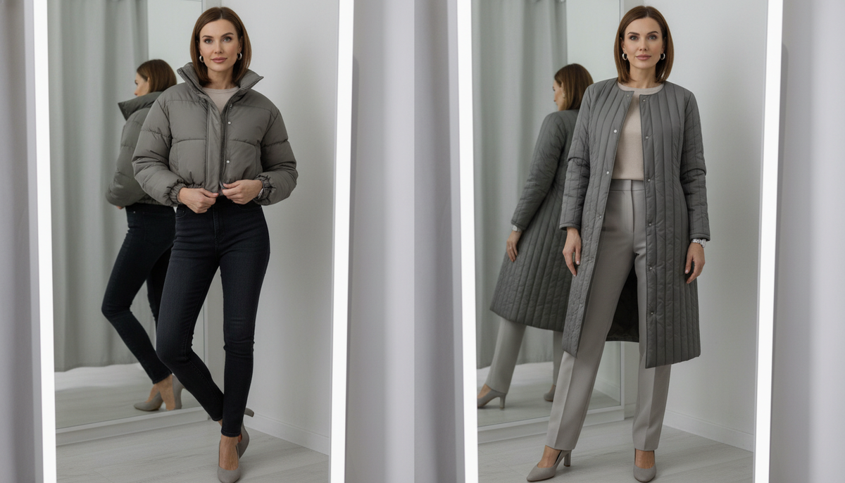 Женщина 40+ у зеркала: слева короткая куртка укорачивает ноги, справа более удачная длина вытягивает силуэт