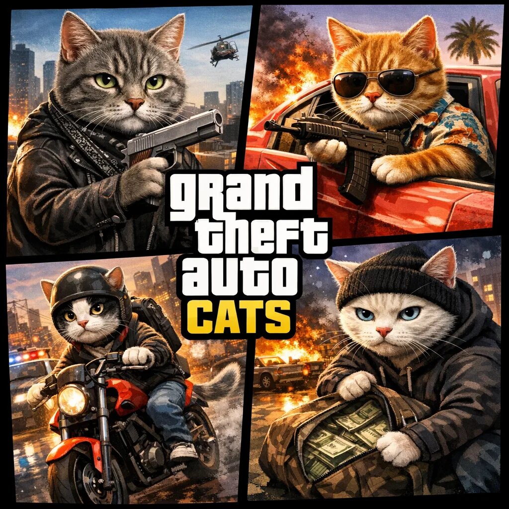 GTA CATS. Серый кот в кожанке с пистолетом, рыжая кошка в гавайской рубашке с автоматом, бело-серый кот на мотоцикле, белый кот в шапке-бини с сумкой денег. 