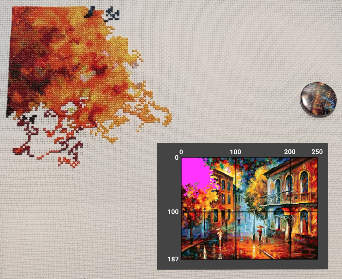 Специально добавила скриншот из Парадиса, чтобы было видно, какая часть кпртины вышита. На данный момент работа выполнена на 6,38%