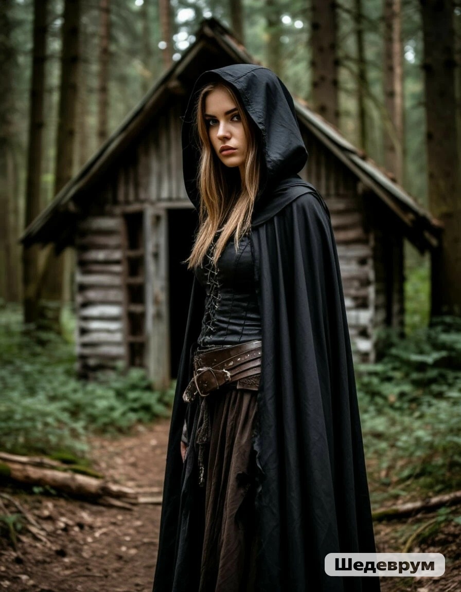 Ника в лесу у заброшенной избушки