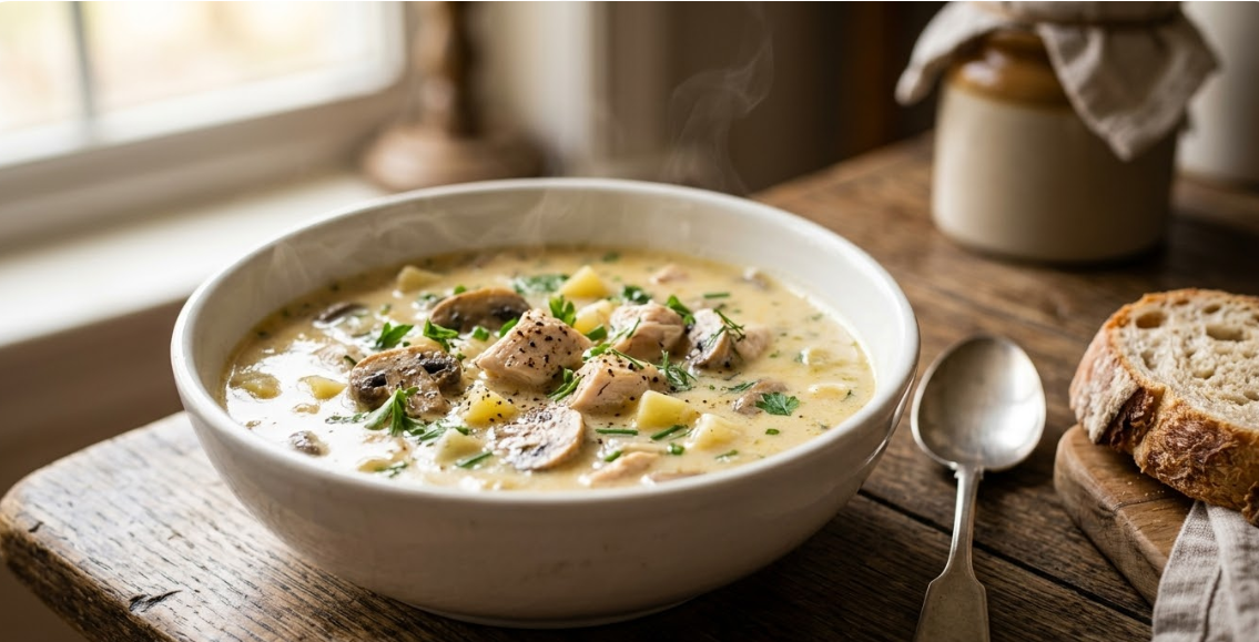 Сырный суп с курицей и грибами