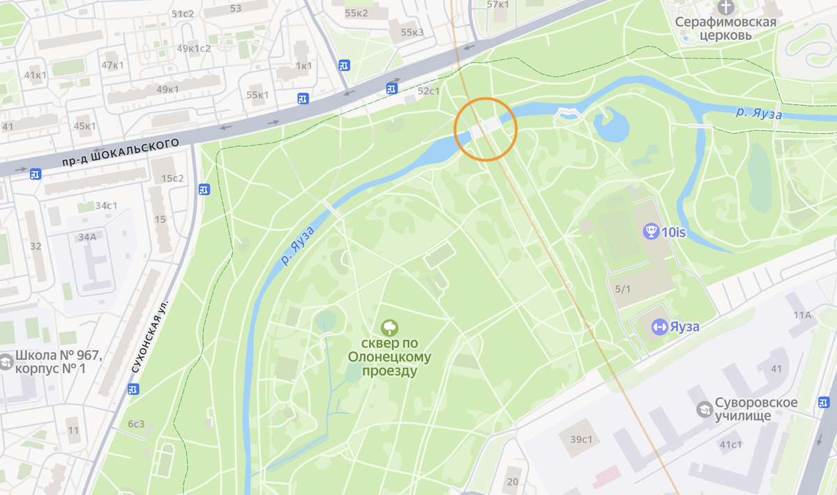 Медведковский метромост в оранжевом кружочке на карте современной Москвы. Яндекс.Карты.