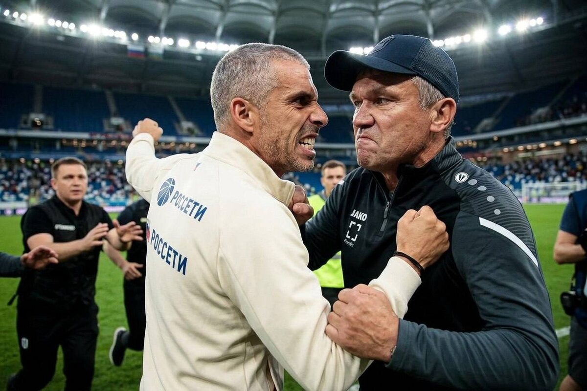 В матче "Балтика" - ЦСКА случился конфликт между главными тренерами - Андреем Талалаевым (справа) и Фабио Челестини/Коллаж Боярский LIVE (создано при помощи ИИ)