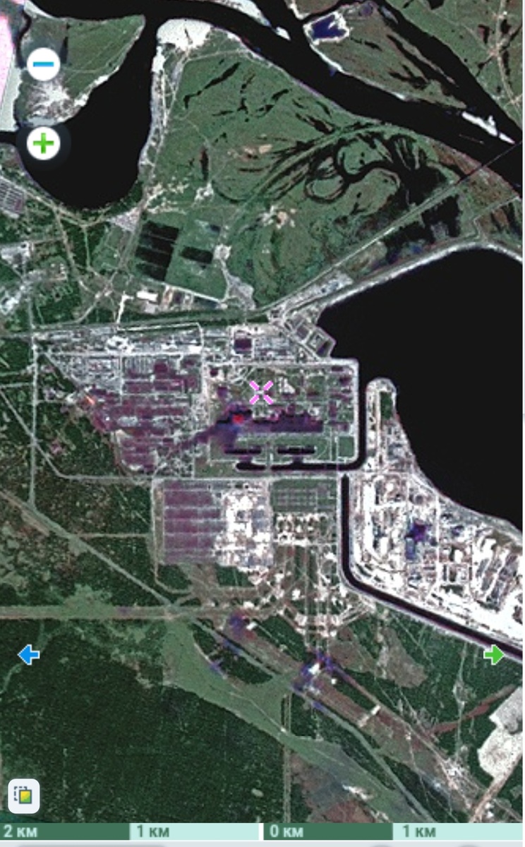 1986: Спутниковая карта Чернобыльской АЭС и окрестностей Припяти через 3 дня после аварии в 1986 году. Источник фото : Этоместо