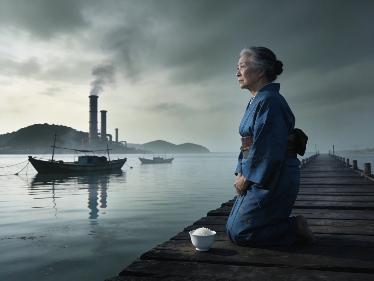 Эта женщина смотрит на залив, где прошла её молодость. Вода здесь снова чиста, рыба вернулась, закаты всё так же красивы. Только вот тех, с кем она сидела на этом пирсе 60 лет назад, уже нет. Они умерли в конвульсиях, наглотавшись ртути, которую завод сливал прямо в райский залив. Минамата. Здесь красиво. И страшно.