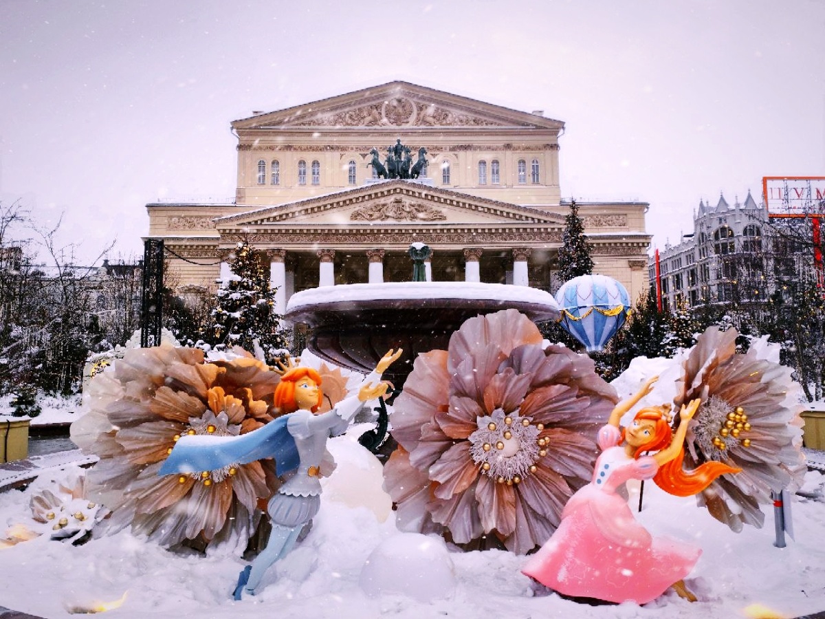 "Вальс цветов". Слышите эту волшебную музыку?  Фонтан оформлен по кругу цветами, а на переднем плане Мари и Принц Щелкунчик.