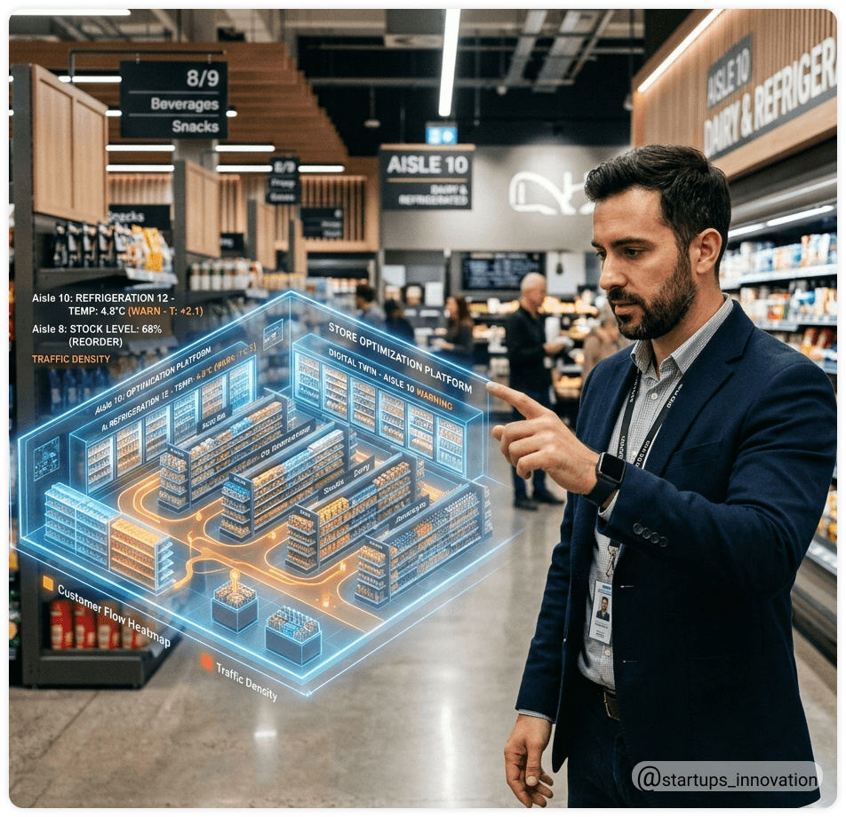 Управляющий магазином и голографический двойник: красные точки на холодильниках предупреждают о поломке за две недели.