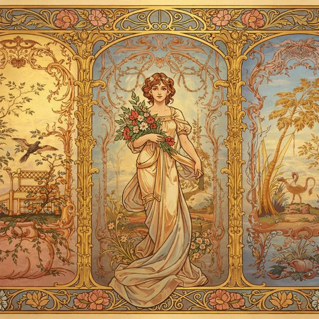 Художественная интерпретация панно Стеклярусного кабинета Китайского дворца в Ораниенбауме, выполненная с помощью нейросети.