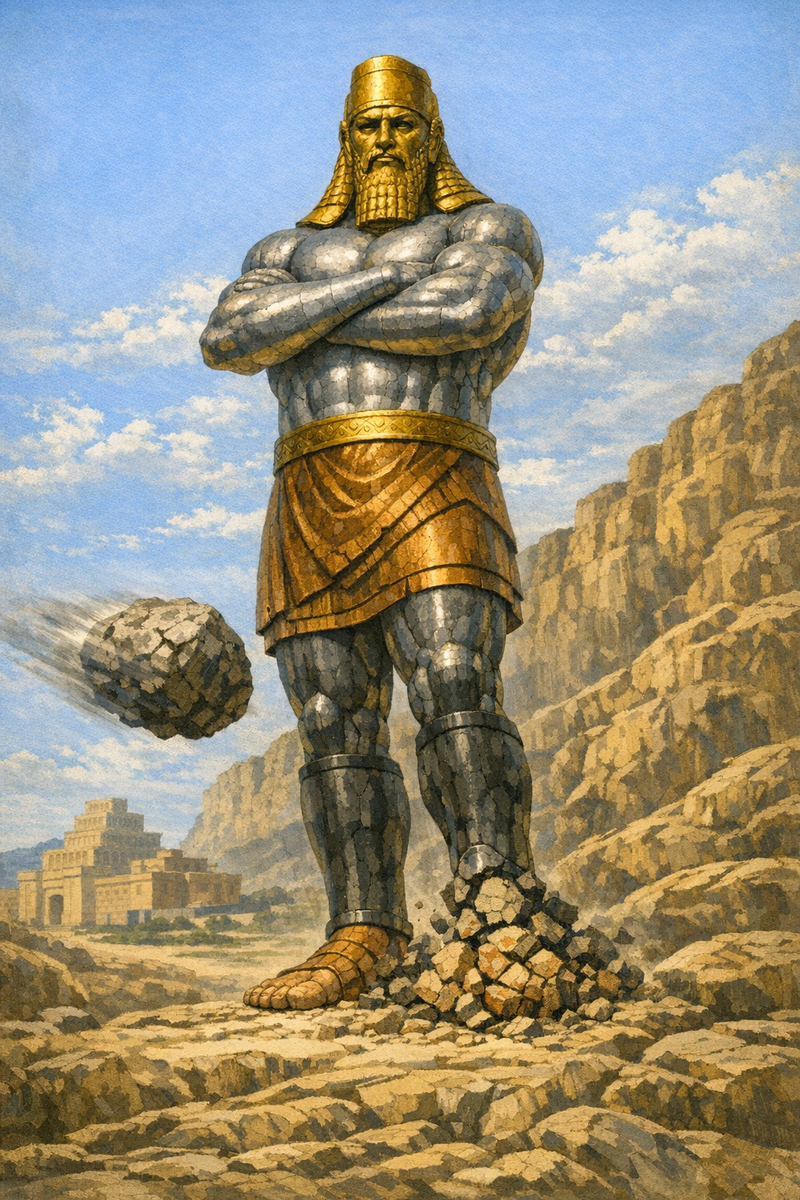 ......Даниил сказал царю: «Ты видел его, доколе камень не оторвался от горы без содействия рук, ударил в истукана, в железные и глиняные ноги его, и разбил их.