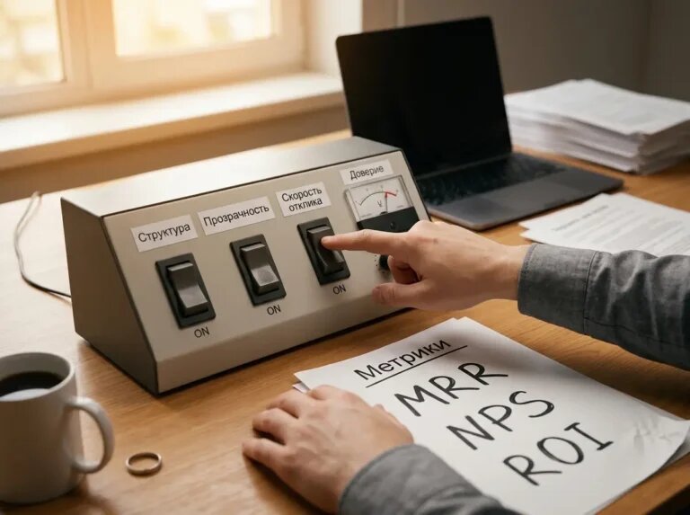    Физические переключатели контролируют ключевые сигналы сайта; включение скорости ответа повышает показатель «Доверие». "Kontenium"