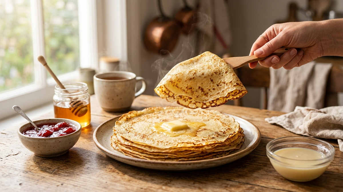 Стопка тонких золотистых блинчиков с ажурными краями