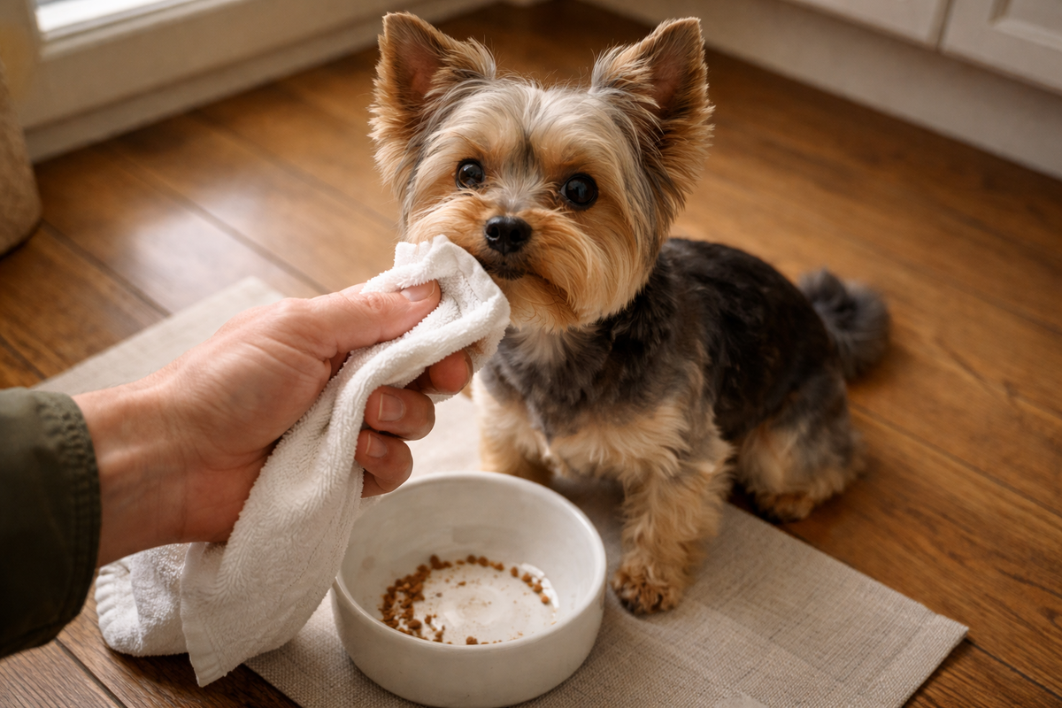 После еды уход у йорка начинается с коротких действий, которые нельзя откладывать