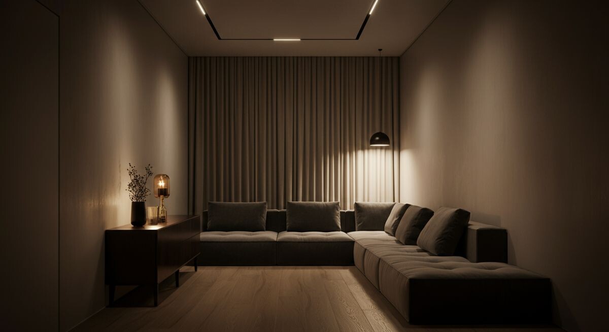 Узкая комната, зонированная с помощью мебели