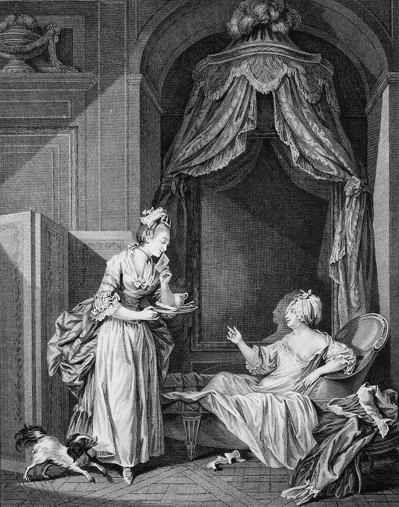 «Что предпочтет мадам: письмо или шоколад?» (Le Bain, Antoine Louis Romanet, 1774).