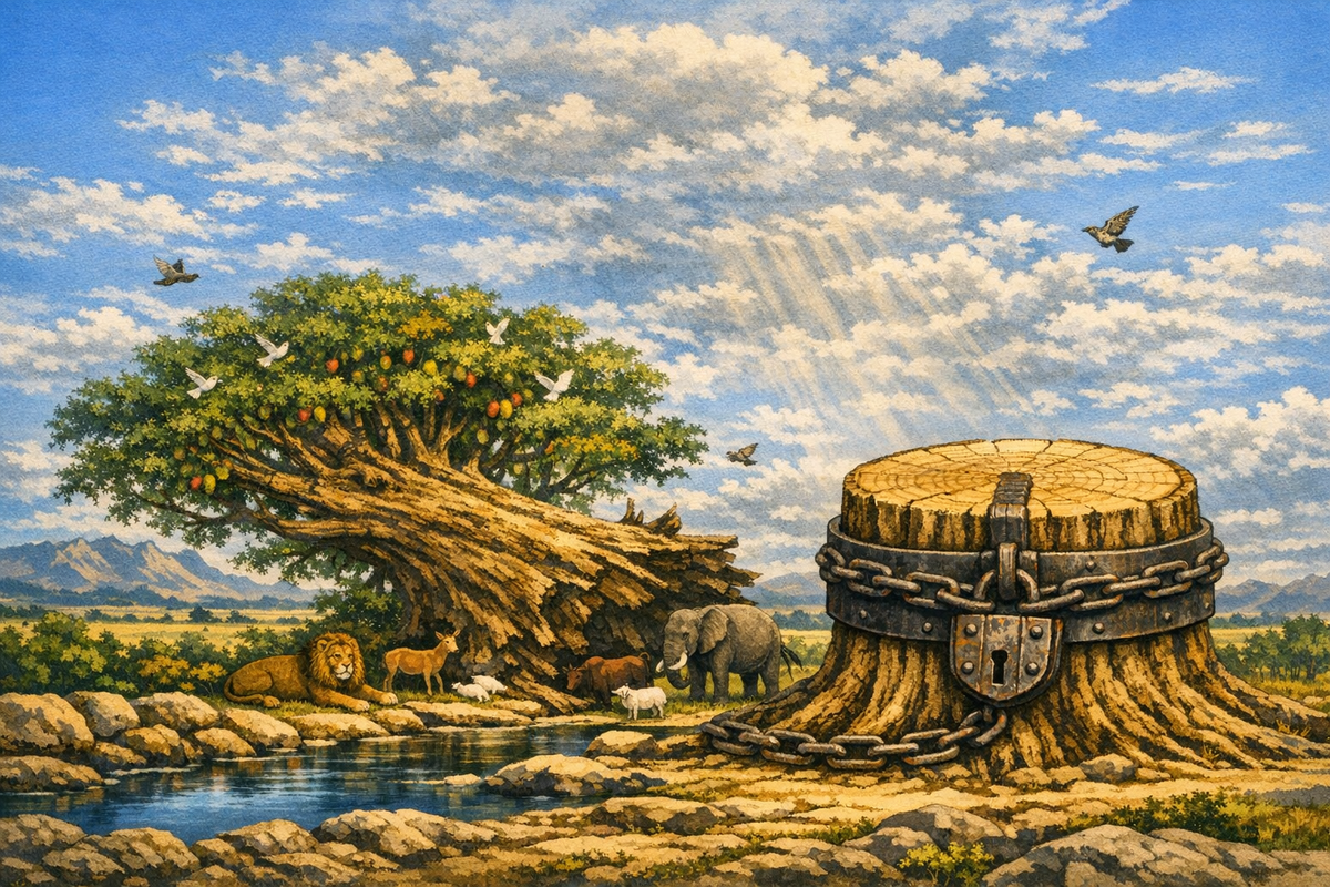 .......срубите дерево и истребите его, только главный корень его оставьте в земле, и пусть он в узах железных и медных среди полевой травы