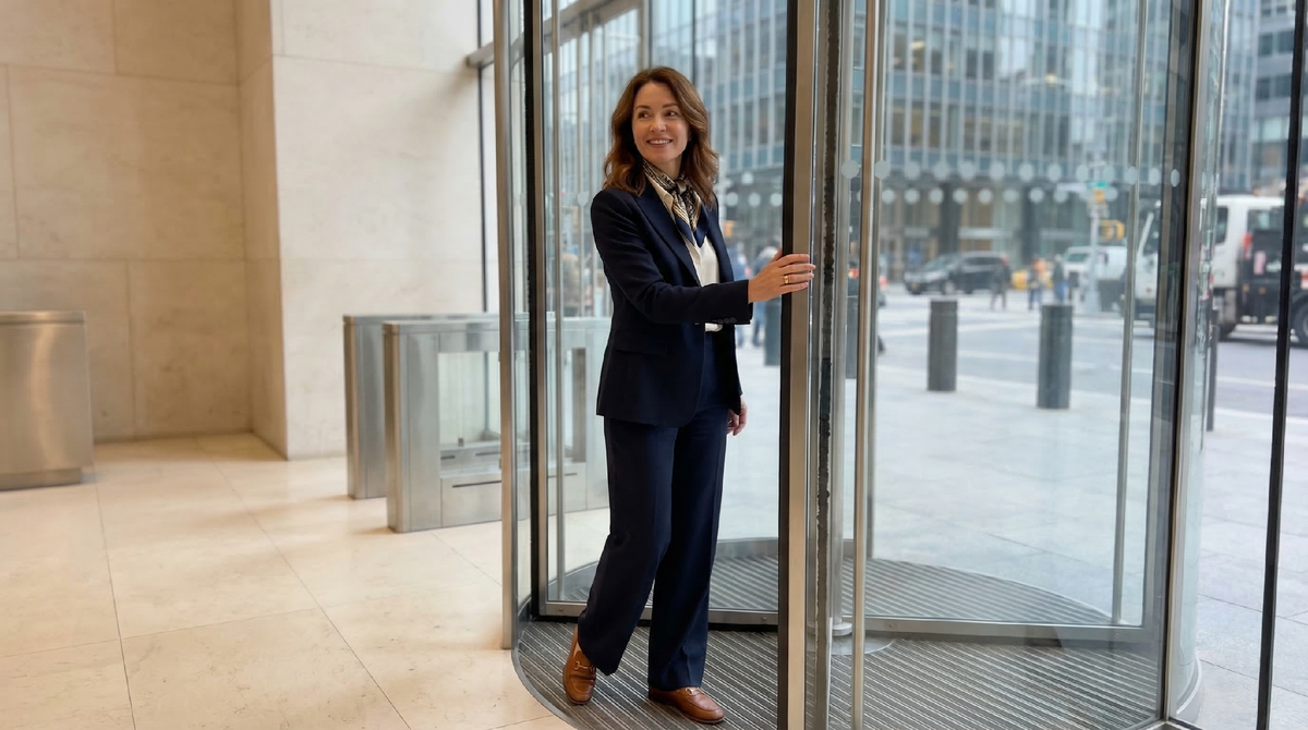 Синий блейзер, светлая блуза и платок с геометрическим принтом на шее - деловой образ с характером