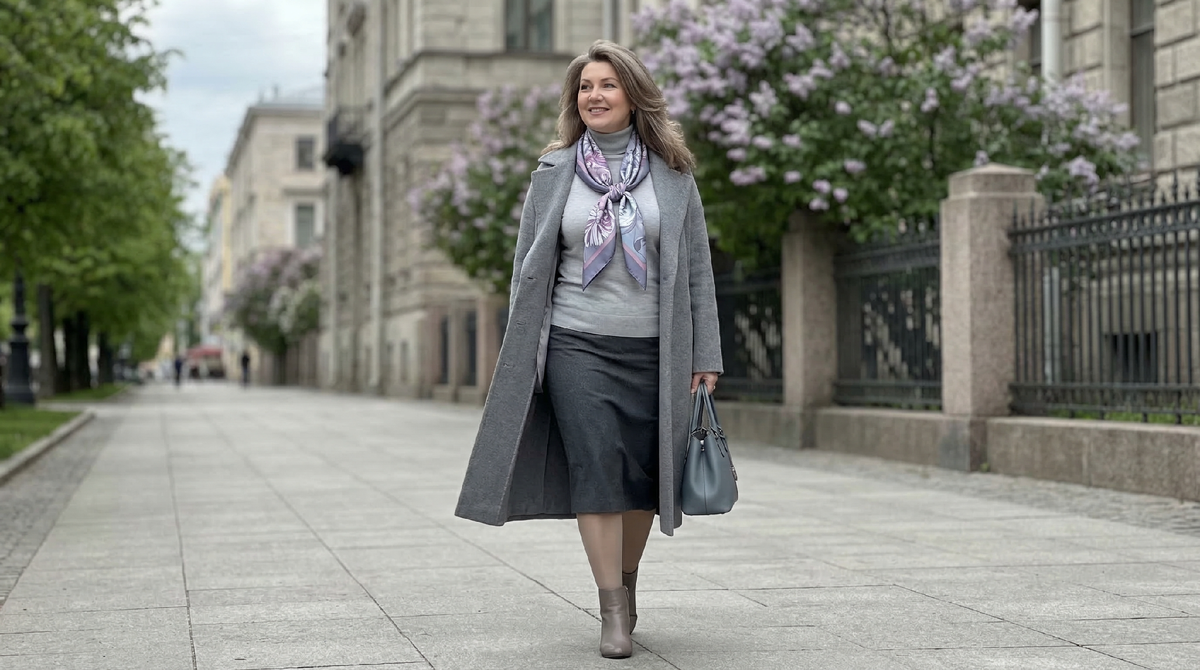 Платок с акварельным принтом поверх светлой водолазки - мягкий узел сбоку, и образ зазвучал