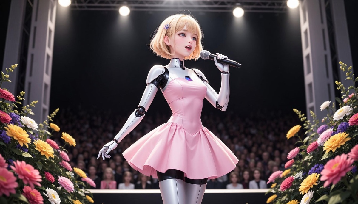 Вот так выглядит робот-певица, исполняющая роль вместо меня. Изображение от ИИ Шедеврум