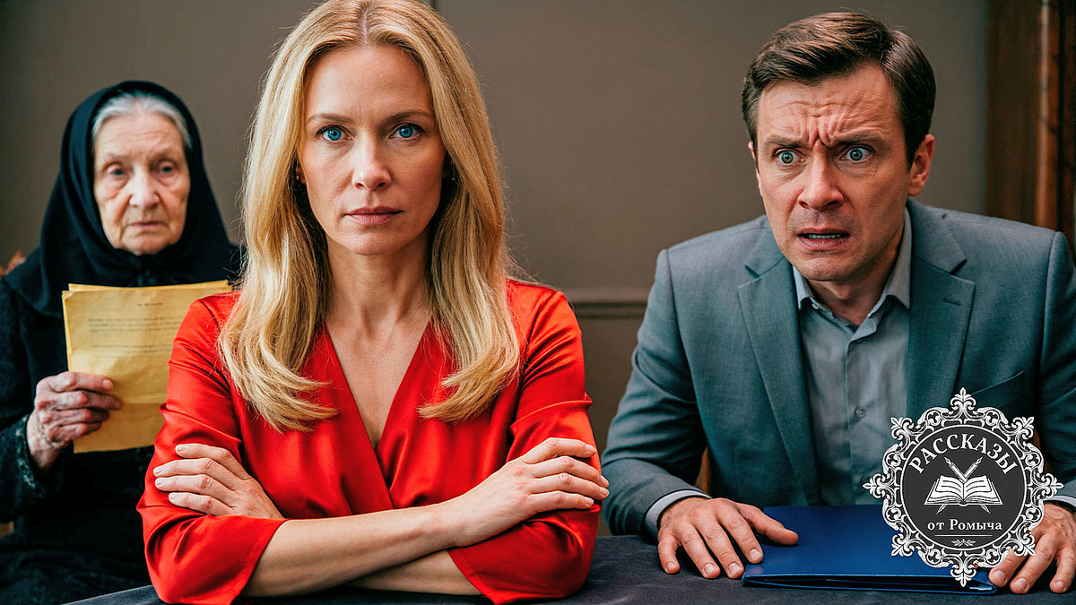 Женщина, светлый блонд, голубые глаза, в ярко-красном шелковом платье. Она стоит со скрещенными на груди руками и холодным торжеством смотрит на мужчину 39 лет в сером пиджаке. Мужчина сидит за накрытым столом, его лицо искажено страхом и шоком, перед ним лежит синяя папка. На заднем плане пожилая женщина в черном платке сжимает в руках документ. Фокус на лицах и контрасте между силой женщины и крахом мужчины.