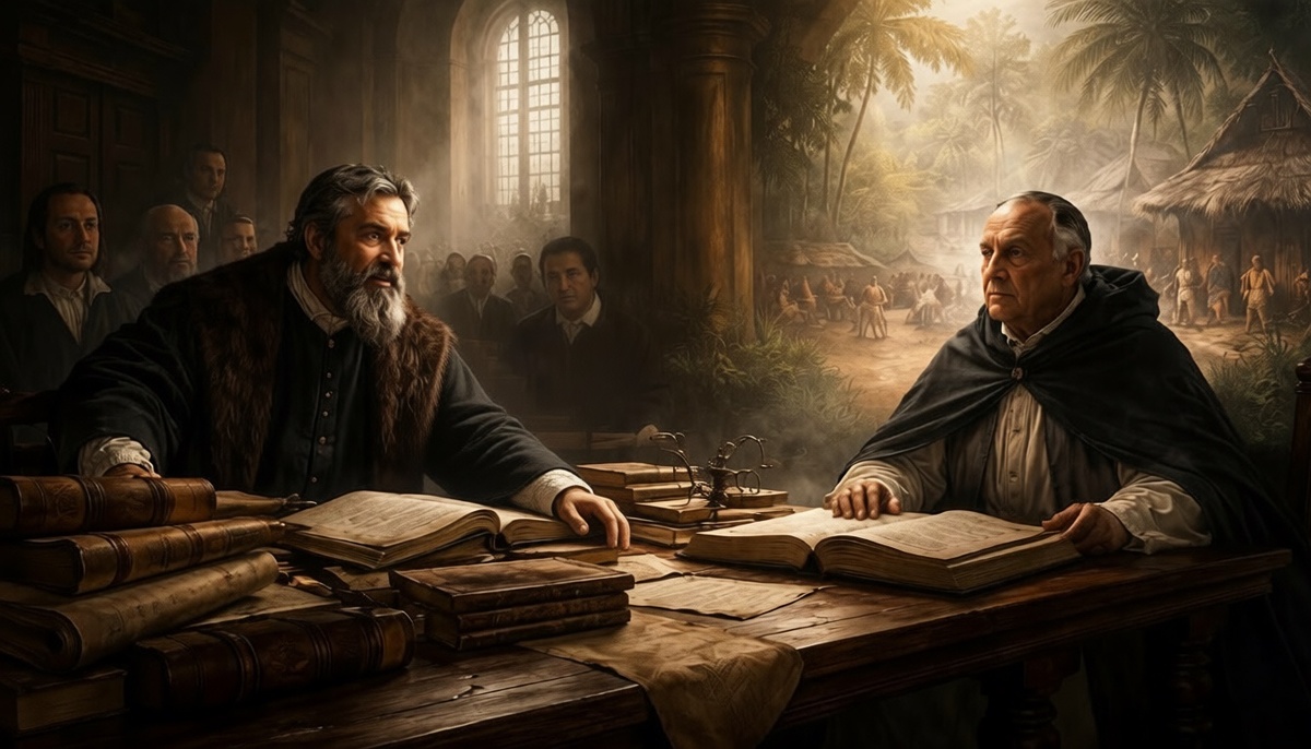 Сепульведа, книжный теоретик, уверен: индейцы – «естественные рабы». Лас Касас, видевший всё своими глазами, спорит до хрипоты. За спиной одного – библиотека, за другим – живая боль увиденного.