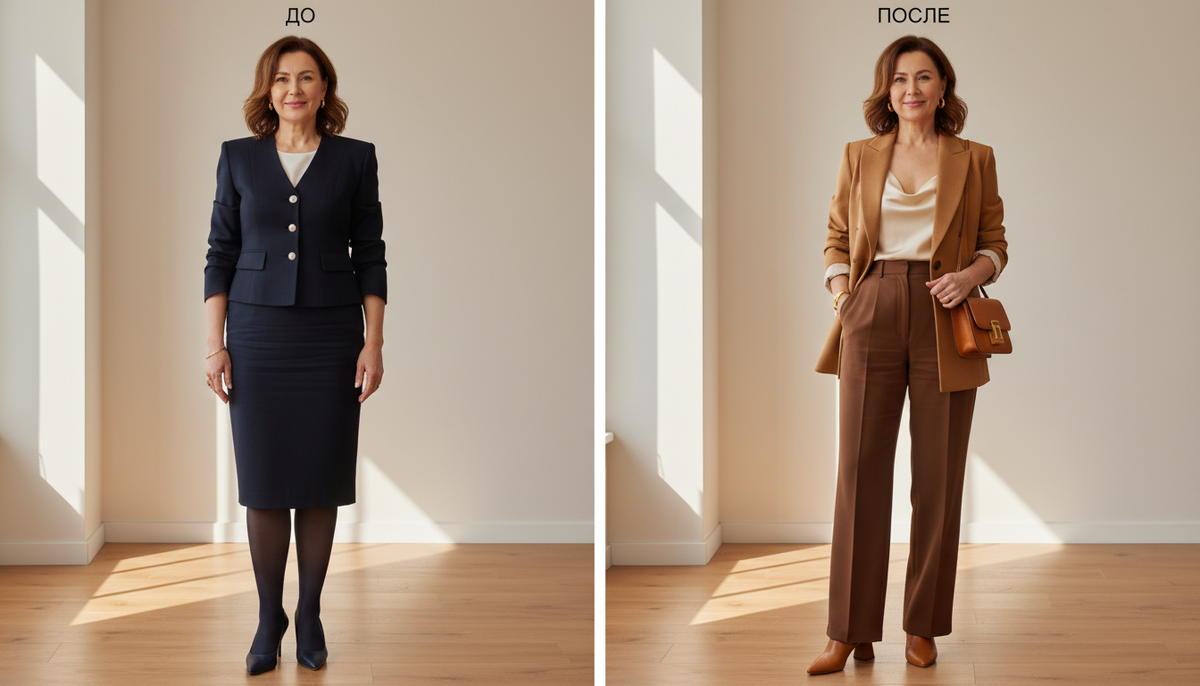 Коллаж «до и после» - устаревший короткий костюм vs. современный удлинённый блейзер с прямыми брюками