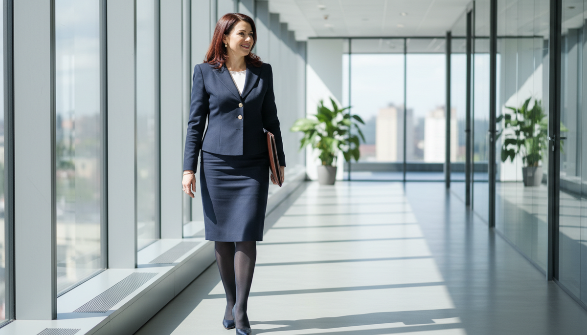 Короткий приталенный жакет с юбкой до колена - типичное сочетание, которое визуально добавляет лет