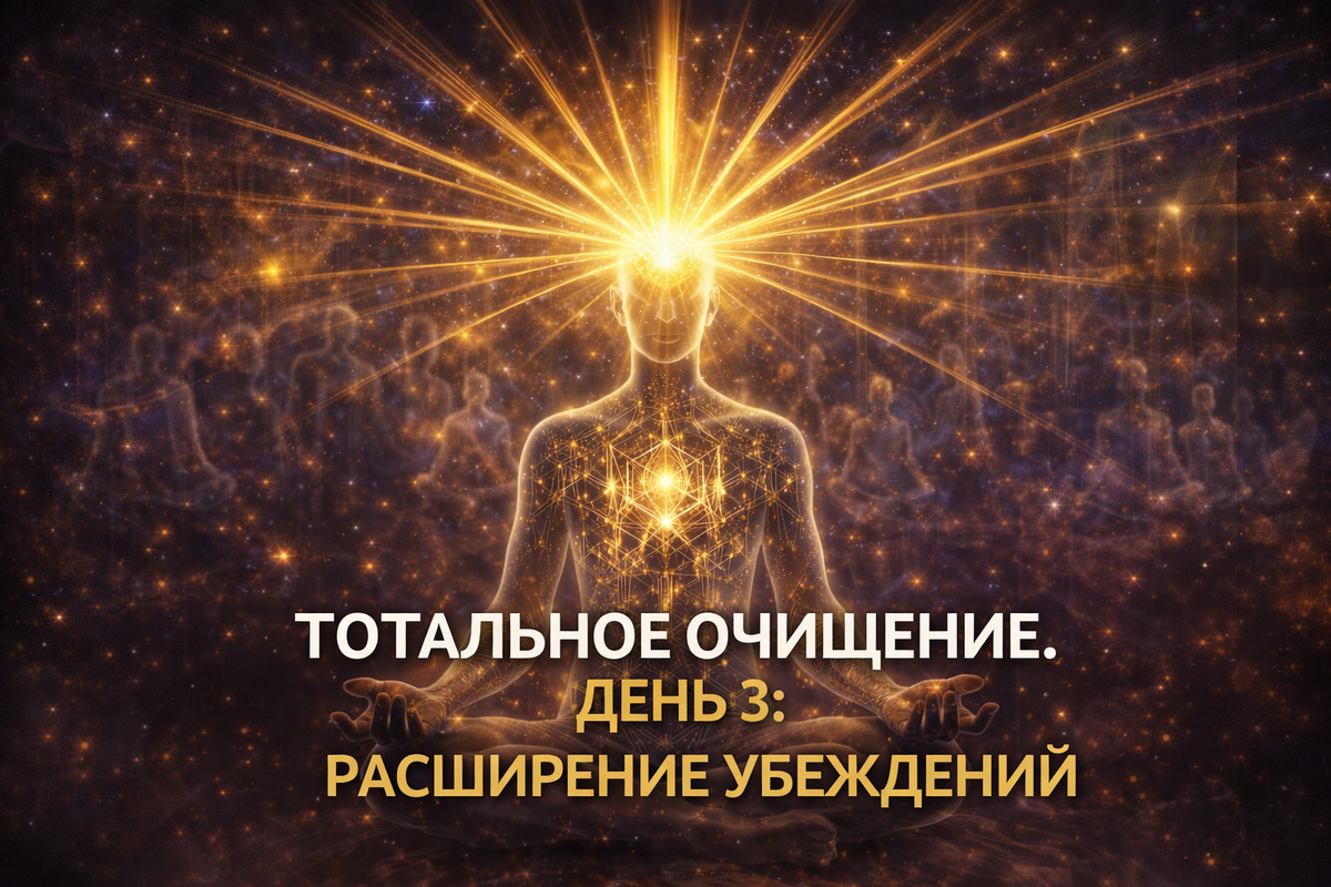 Человек в позе лотоса с полупрозрачным телом, внутри которого кристаллические структуры. Из головы исходят лучи света. Надпись: «Тотальное очищение. День 3: Расширение убеждений».