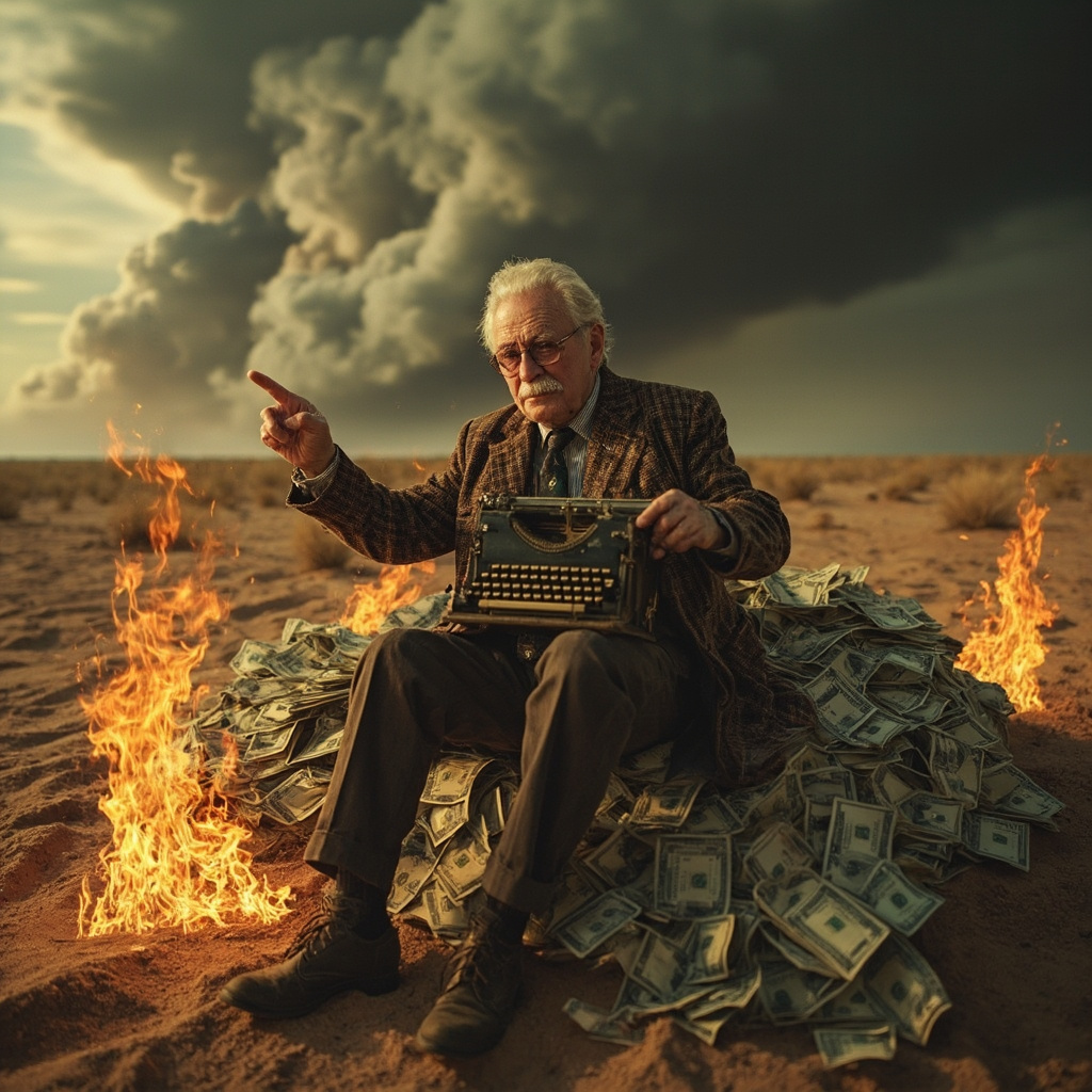  Сатирический портрет пожилого человека, похожего на Пола Крейга Робертса и сидящего на куче горящих долларов среди  пустыни . В руках у него - древняя пишущая машинка. Рукой он указывает на  грозу на горизонте. 