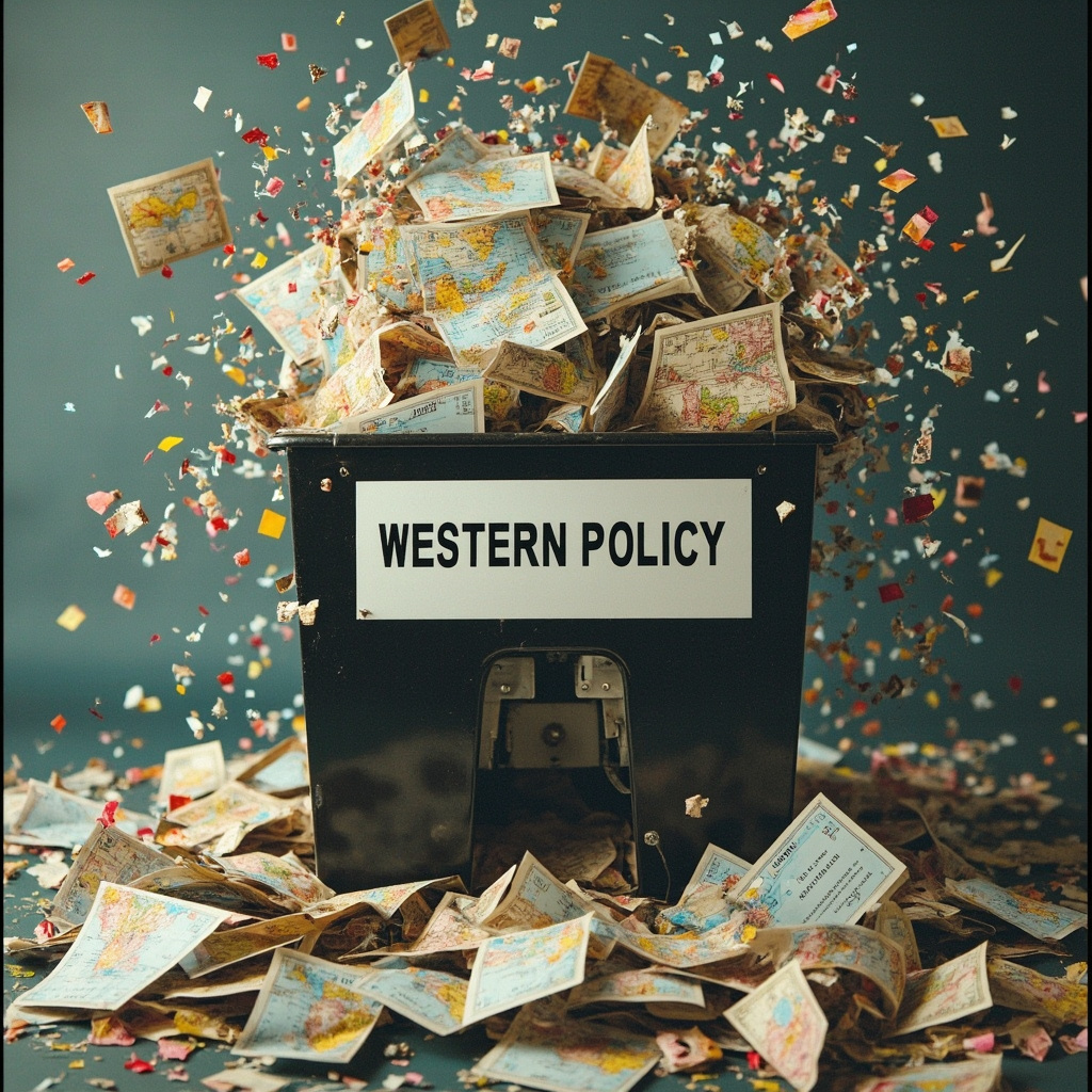 Огромный офисный шредер с надписью "Западная политика" уничтожает карты мира и международные договоры . 