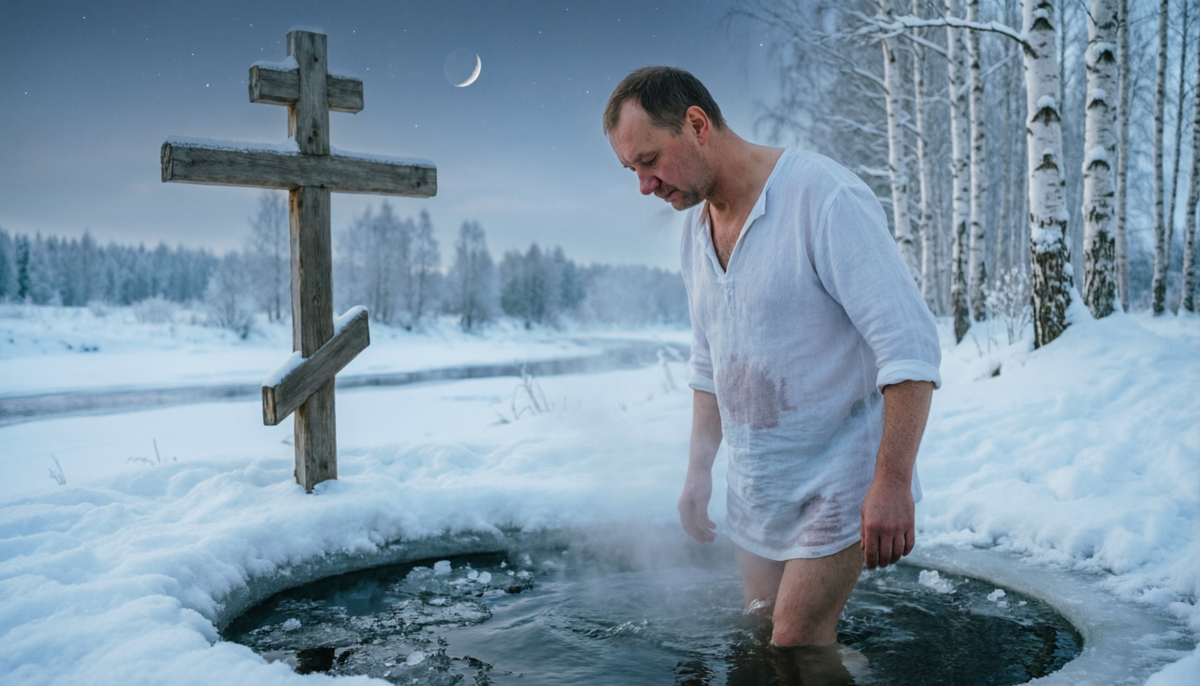 Купание в проруби в России.