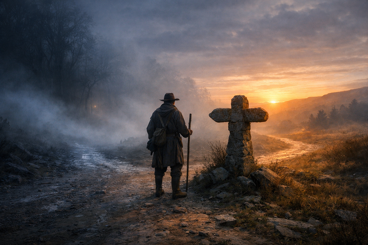 Одинокий путник стоит на перекрёстке дорог в предрассветной дымке. Одна дорога уходит в туман и беспорядок, другая — к мягкому свету на горизонте. Рядом едва заметный каменный указатель, древний и строгий, будто не просто показывает направление, а даёт преимущество тому, кто умеет читать знаки. Атмосфера судьбы, выбора и тихой удачи.