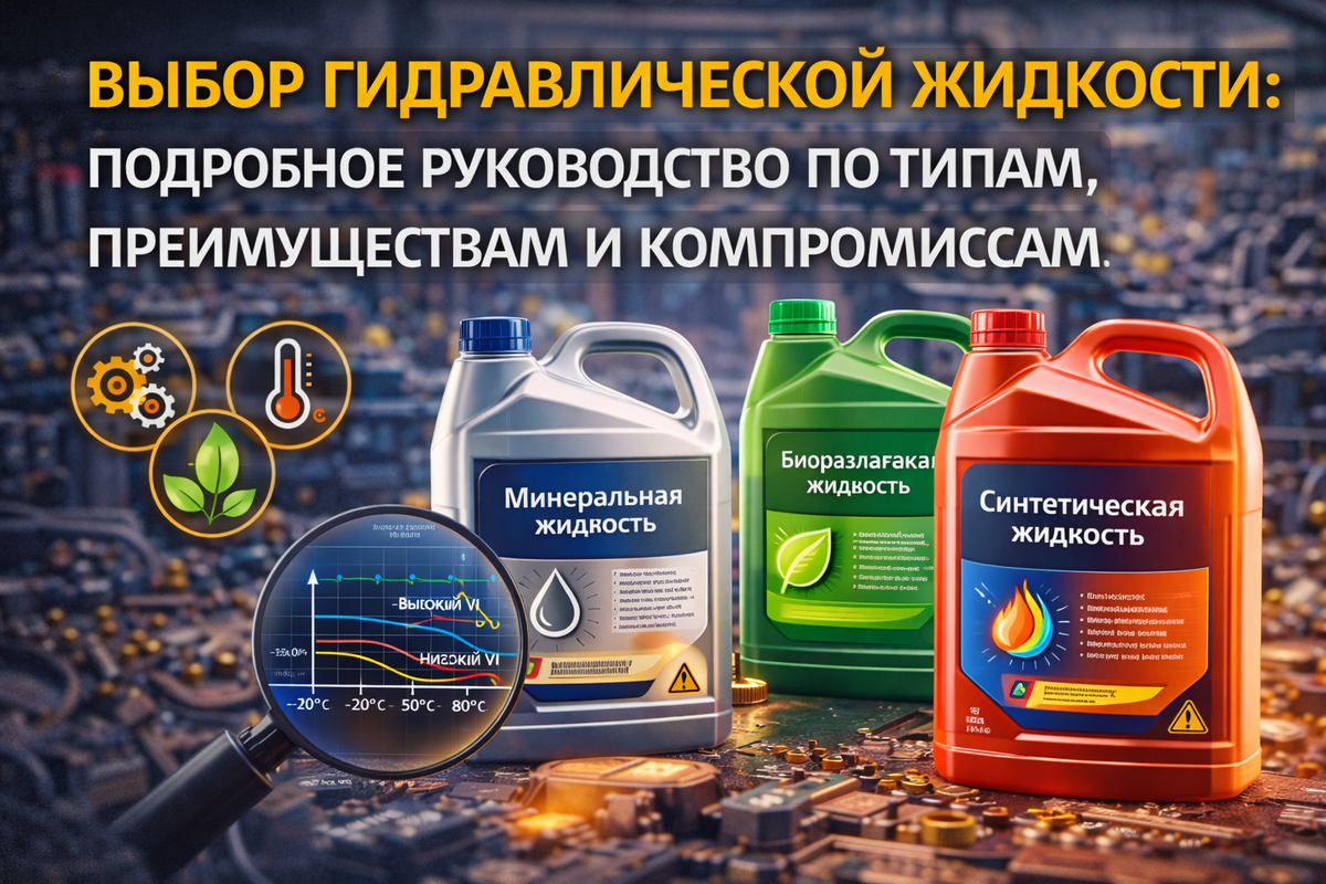 Как выбрать гидравлическую жидкость для промышленной системы и не допустить ошибок, которые снижают срок службы оборудования? В статье подробно рассматриваются типы гидравлических жидкостей — минеральные, синтетические и биоразлагаемые, их плюсы и минусы, ключевые параметры: вязкость, температурная устойчивость, срок службы и стоимость.

Вы узнаете, как правильно оценить компромиссы между ценой, долговечностью и экологичностью, какие жидкости лучше подходят для насосов, гидроцилиндров и гидромоторов, и как сохранить эффективность и надежность гидросистемы.

Материал полезен инженерам, специалистам по промышленной гидравлике, проектированию гидросистем и обслуживанию оборудования.