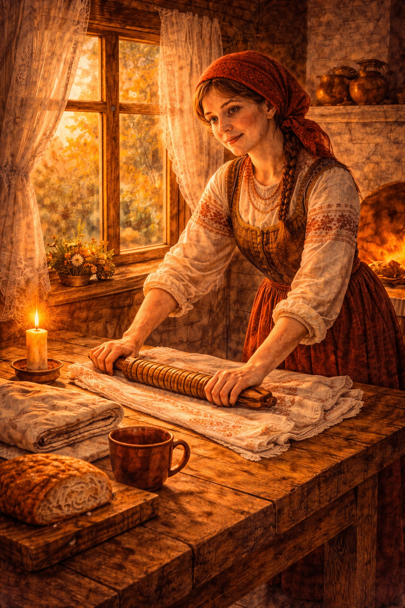 Хозяйка занимается обработкой ткани