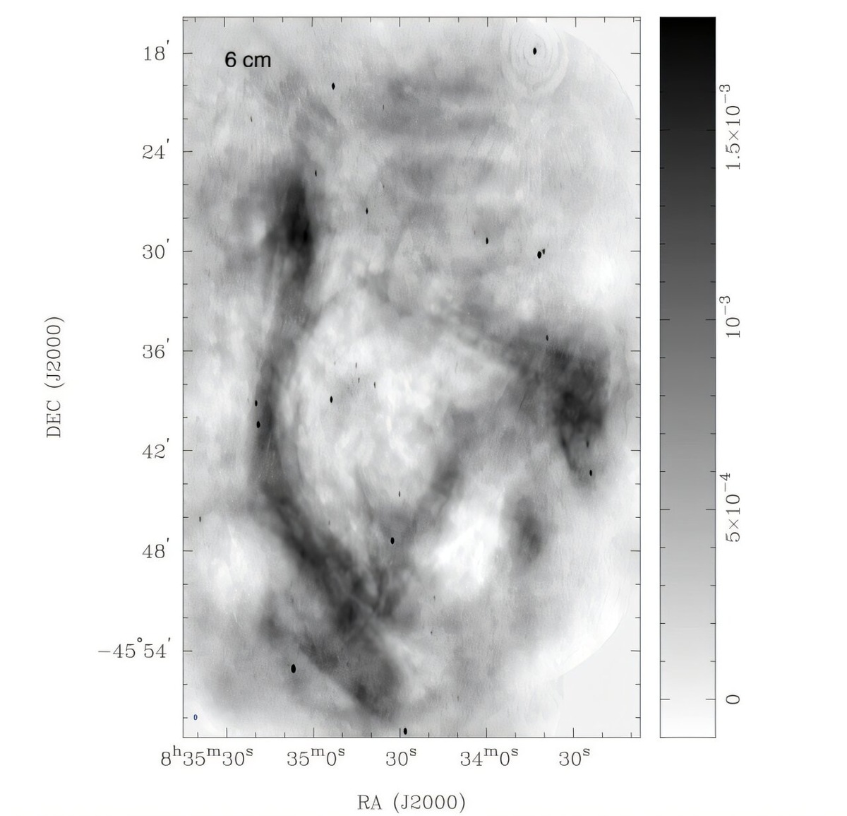 Карты полной интенсивности Кокона в Парус X от интерферометра ATCA на частоте 6 см. Источник: arXiv (2026). DOI: 10.48550/arxiv.2603.02046