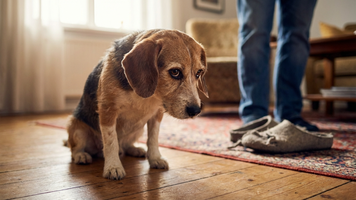 Собака сидит на полу с прижатыми ушами и виноватым взглядом на фоне погрызенного тапка