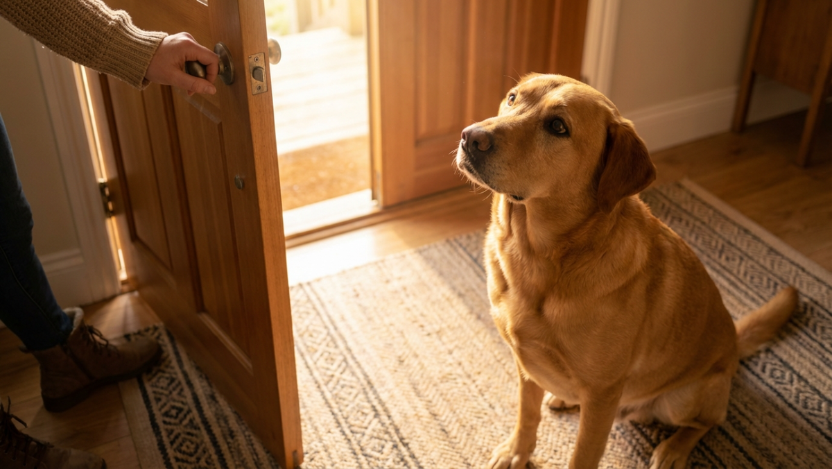 Спокойная собака терпеливо сидит у приоткрытой входной двери, ожидая, пока хозяйка выйдет первой