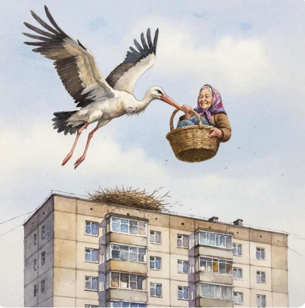 Так нейросеть GigaChat представляет себе возвращение бабушки в родное гнездо. Молодые аисты приносят детей. Пожилые аисты уносят бабушек)))