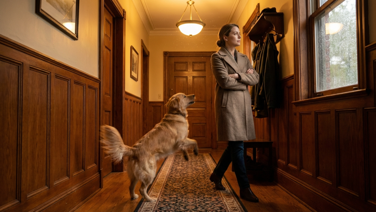 Женщина заходит домой и спокойно отворачивается, скрестив руки, игнорируя прыгающую на неё собаку