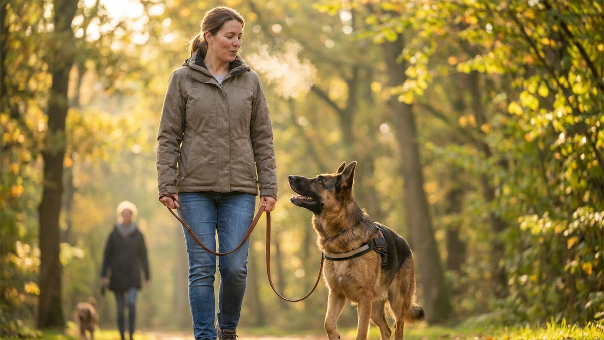Спокойная женщина гуляет с собакой на провисшем поводке, уверенно проходя мимо других людей в парке