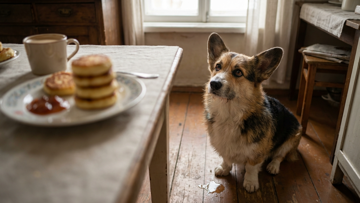 Собака гипнотизирует взглядом тарелку с едой на столе, пуская слюни на пол
