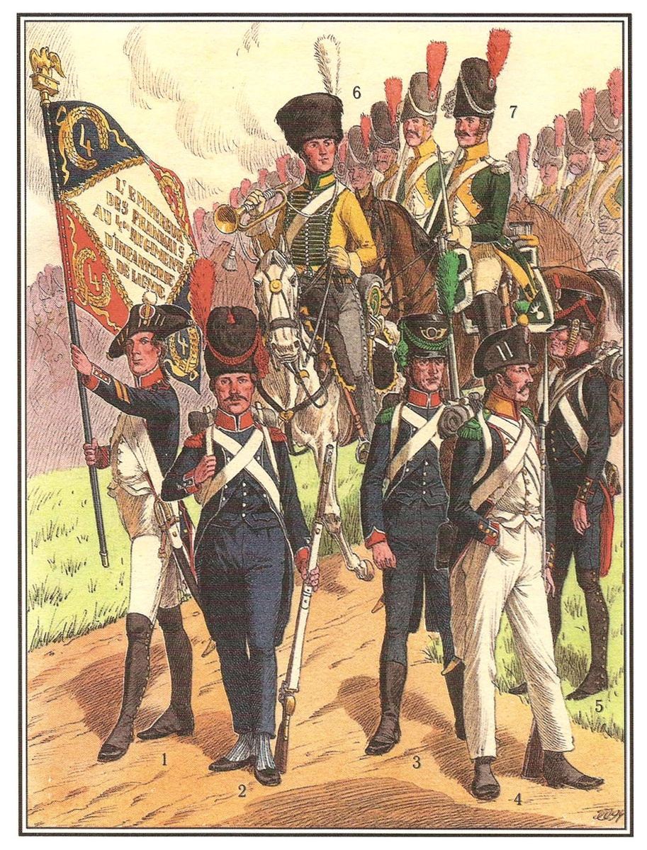 1. Старший сержант орлоносец 4-го линейного полка, 1805 год. 2. Карабинер элитного батальона лёгкой пехоты дивизии Удино, 1805 год. 3. Шассёр 1-го лёгкого полка, 1804-1806 годы. 4. Вольтижёр линейной пехоты, 1806 год. 5. Канонир, 1807-1813 годы. 6. Трубач 5-го конно-егерьского полка, 1805-1806 годы. 7. Драгуны элитной роты 19-го драгунского полка, 1804-1808 годы. Источник: Голыженков И., Степанов Б., "Эвропейский солдат за 300 лет (1618-1918). Энциклопедия военного кастюма" 