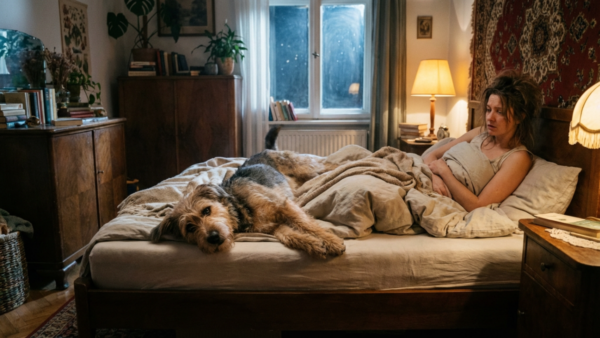 Собака вальяжно спит прямо посередине двуспальной кровати, пока хозяин вынужден ютиться на самом краю