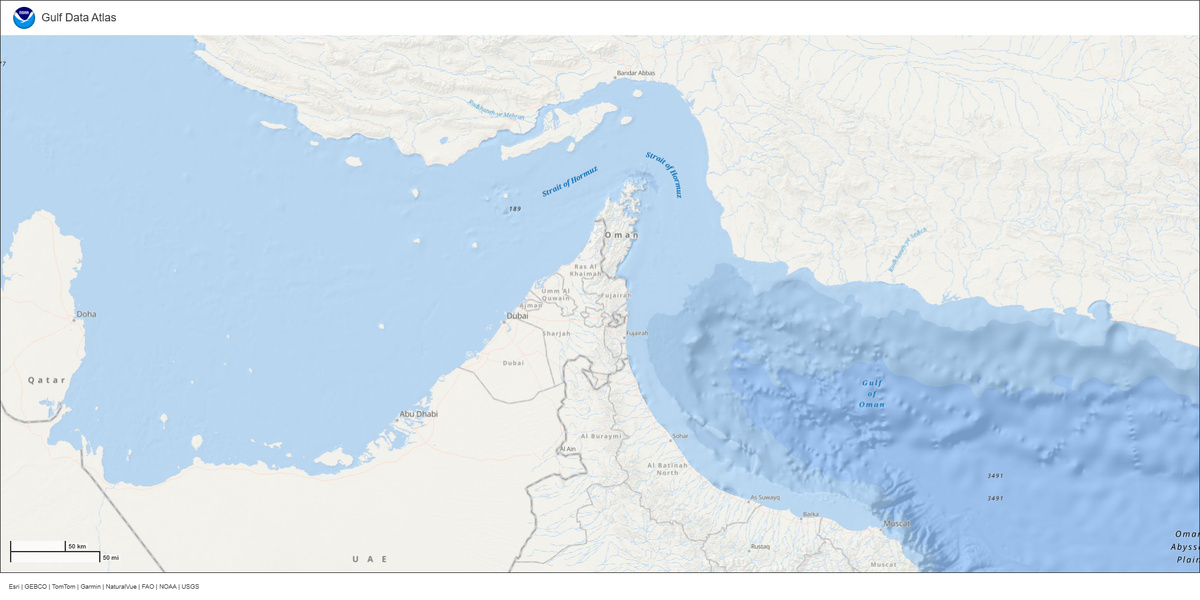 Батиметрическая карта Персидского залива (реальная топография дна)
