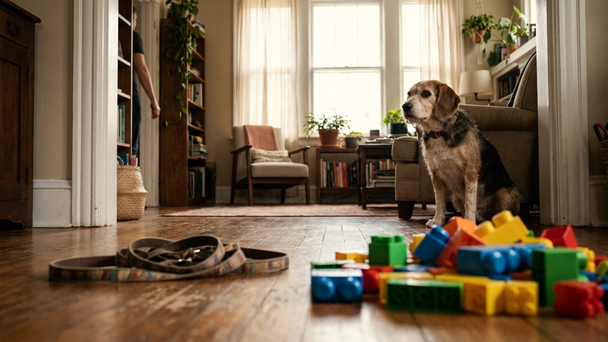 В углу комнаты лежит брошенный поводок, пока собака спокойно ждет внимания взрослого хозяина