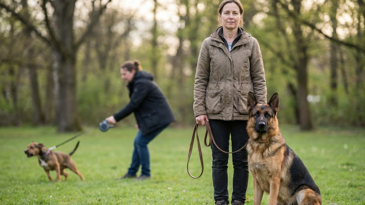 Уверенный человек с идеальной осанкой спокойно стоит рядом с послушной собакой на провисшем поводке